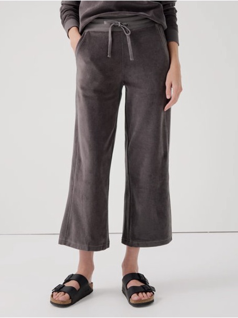 Pact women’s cotton velour wide leg crop pants graphite tan pull on drawstring - Picture 2 of 10